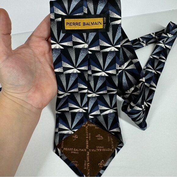 Pierre Balmain Silk Tie Black Blue Geometrical Pattern One Size - Picture 4 of 6